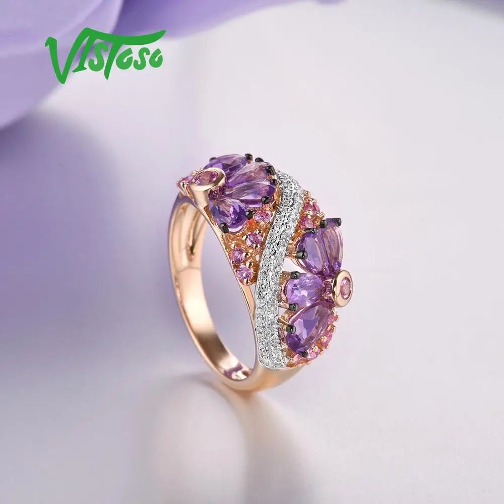 VISTOSO Genuine 14K Rose Gold Ring For Women Shimmering Diamond Fancy Pink Sapphire Amethyst Fantastic Wedding Band Fine Jewelry