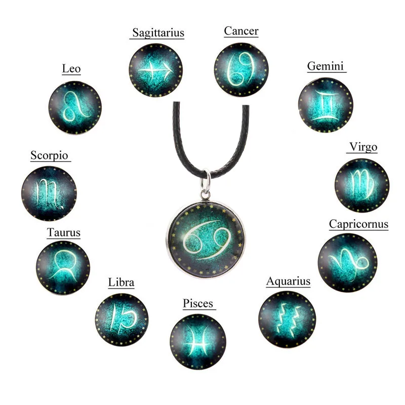 12 Constellation Pendant Necklace Zodiac Signs Glass Round Leather Clavicle Chain Necklace Birthday Gifts for Women Men 2024 New