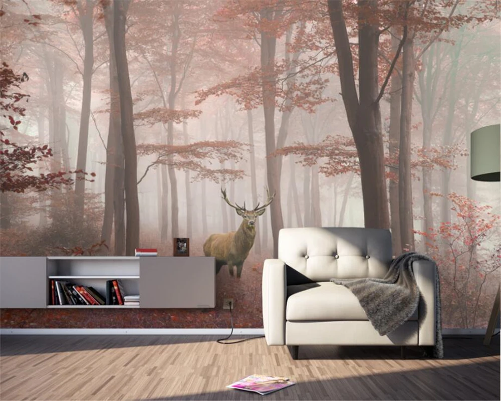 

Beibehang Custom wallpaper fresh simple beautiful forest big tree morning fog elk fresco tv couch background wall 3d wallpaper