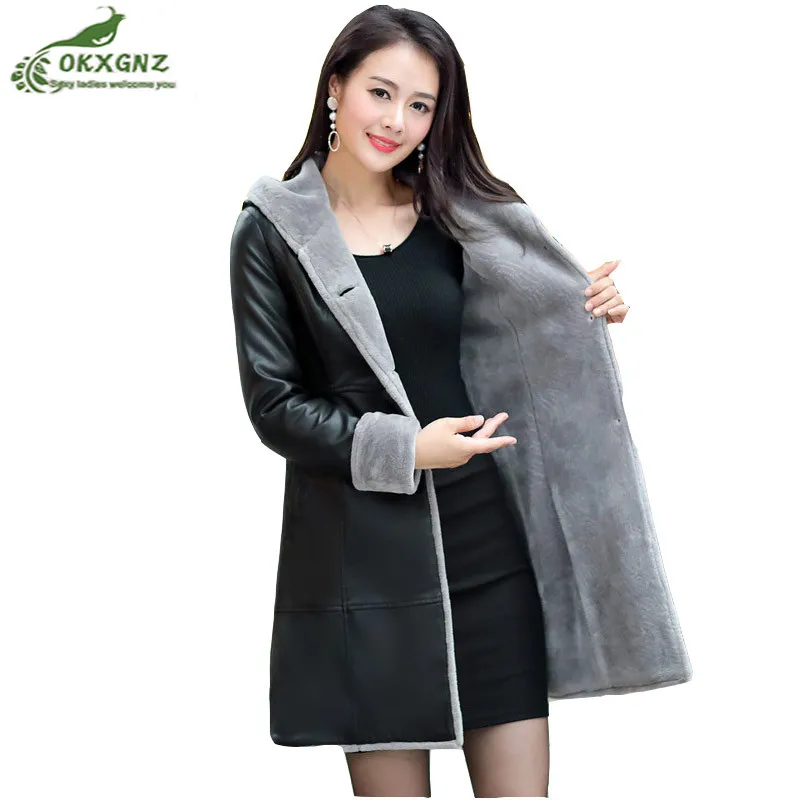 

Autumn winter new fur one leather Outerwear female medium long size 6XL leather windbreaker coat women thickening coat OKXGNZ