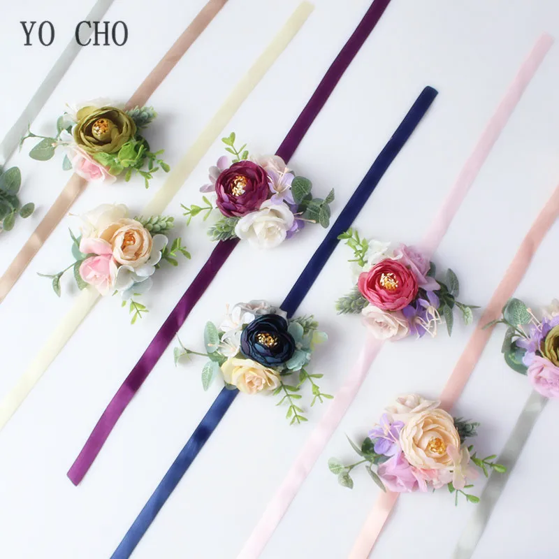 YO CHO Handmade Long Ribbon Mini Silk Rose Wedding Wrist Flowers for Bridesmaid Wrist Corsage Bracelet Groom Boutonniere Corsage