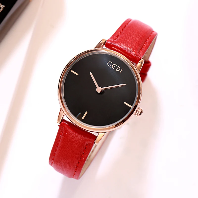 GEDI 2019-ساعة كوارتز بحزام جلدي للنساء ، كرونوغراف بسيط ، أنثوي ، عصري
