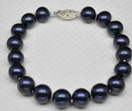 

free shipping noble jewelry Freshwater charming 10-11mm black blue round pearl bracelet 7.5-8inch14k