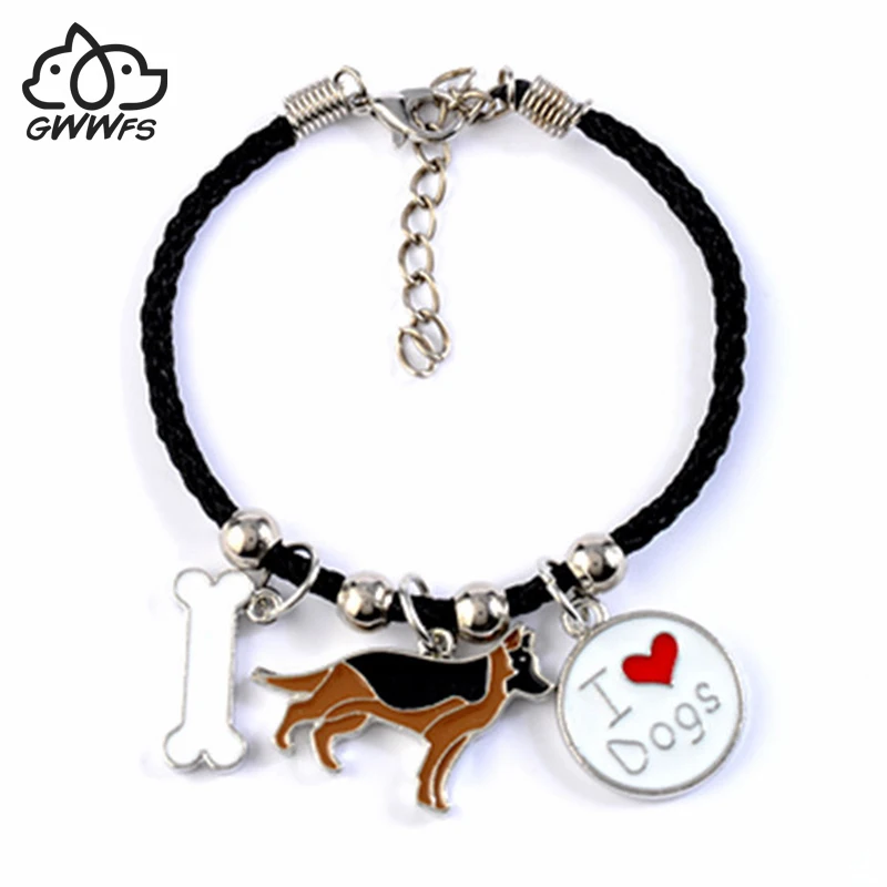 German Shepherd dog charm bracelets for men women girls rope chain silver color alloy pendant male female bracelet friends gift