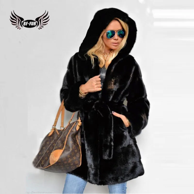 BFFUR Black Genuine Mink Fur Jackets With Hood High Quality Whole Skin Mink Fur Coat Long Trendy Fur Overcoats Luxury Woman