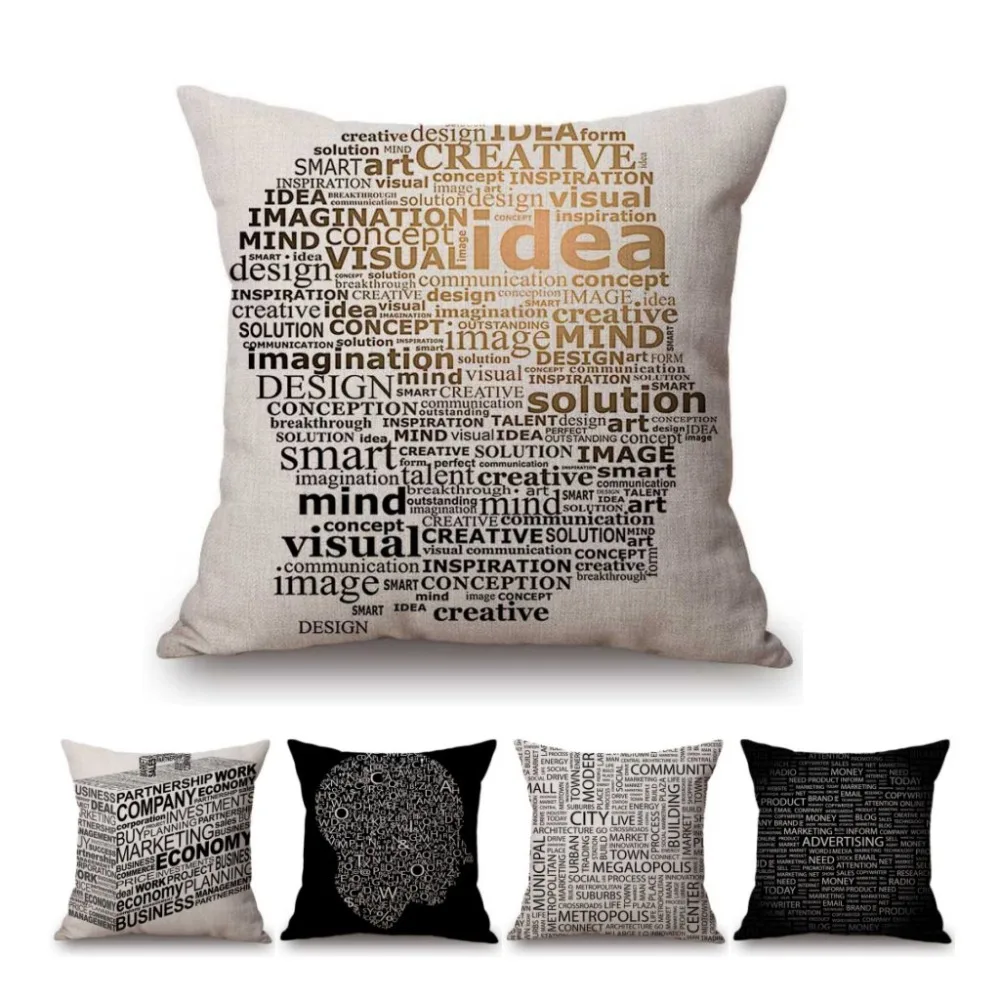 Nordic Black White Letter Print Brainstorm Hand Gestures Throw Pillow For Office Cotton Linen Europe Scandinavian Cushion Cover