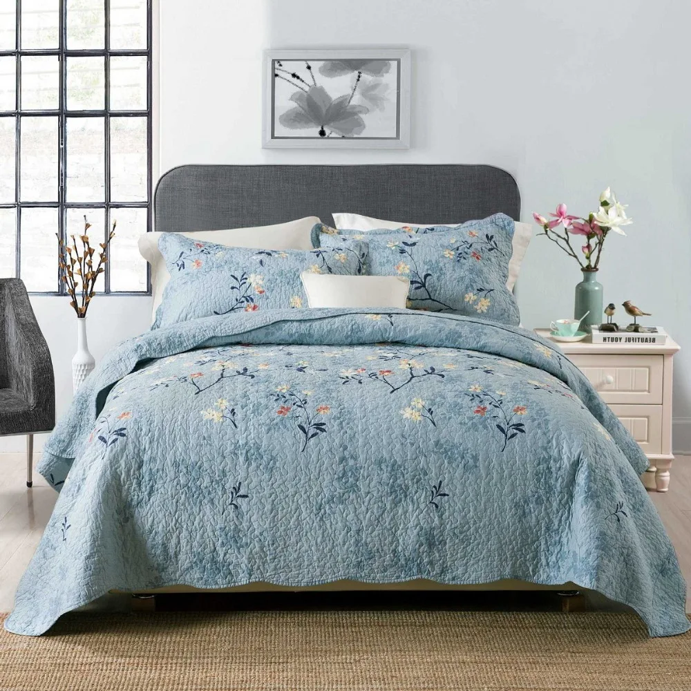 Printed Quilt Set 3PCS Bedspread on the Bed Twill Cotton Fabric Quilted Bed Cover Queen Size Coverlet Blanket for Bed