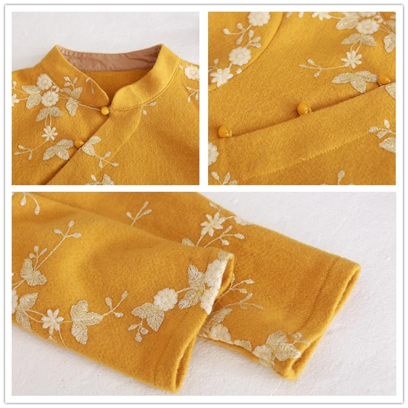 LZJN-Abito Cheongsam a Maniche Lunghe da Donna, Abito Ricamato, Qipao Cinese Floreale, Giallo, Autunno, Inverno,