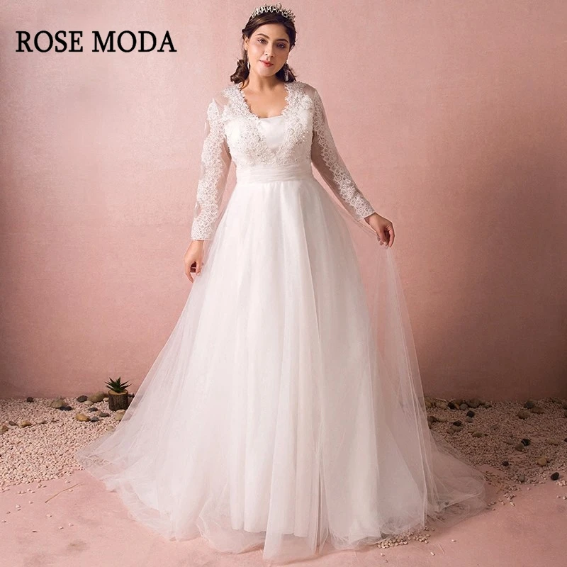 

Rose Moda Long Sleeves Plus Size Wedding Dress Vintage with Train Real Photos