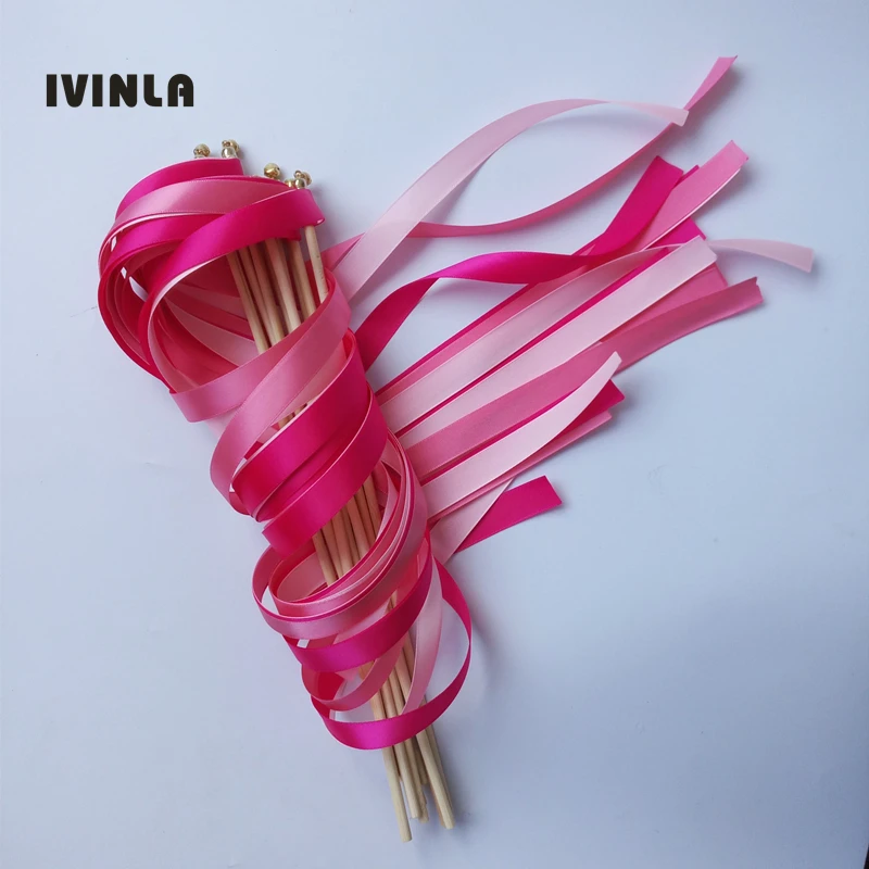 Hot selling 50Pieces/Lot  fushia and pink stain ribbon Wedding Ribbon Stick,Ribbon Wands Twirling Streamers With Bell