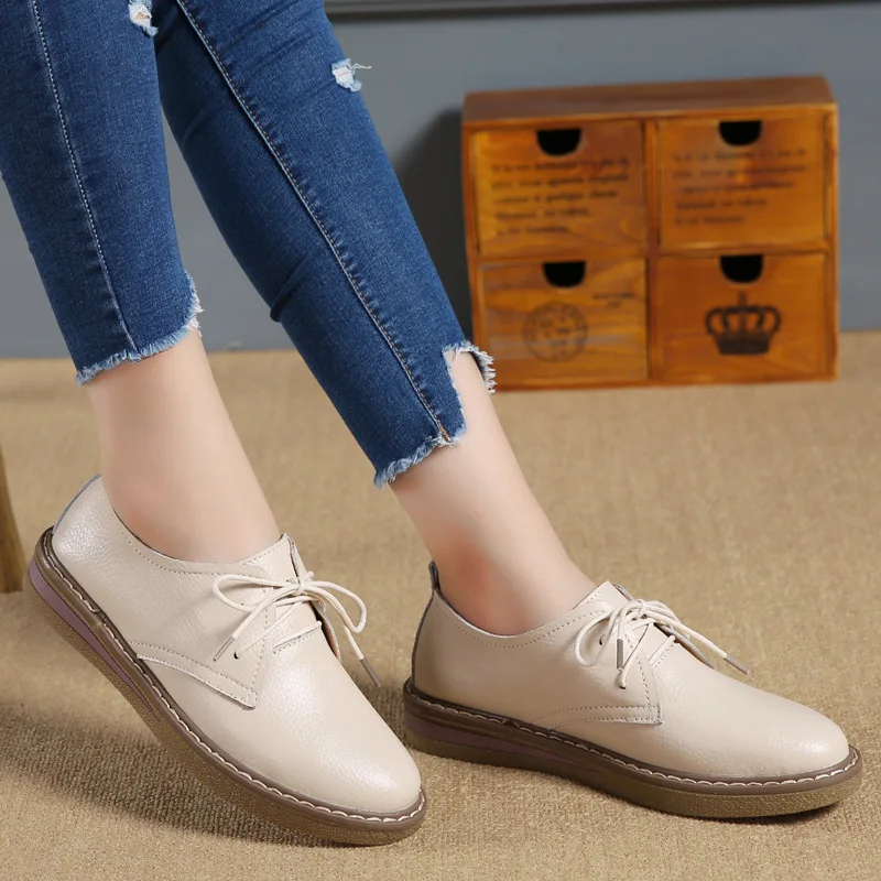 WOIZGIC Women Casual Shoes Flats Loafers Ladies Female Old Mother Cow Genuine Leather lace Up Pigskin Korean 35-40 SKH-058