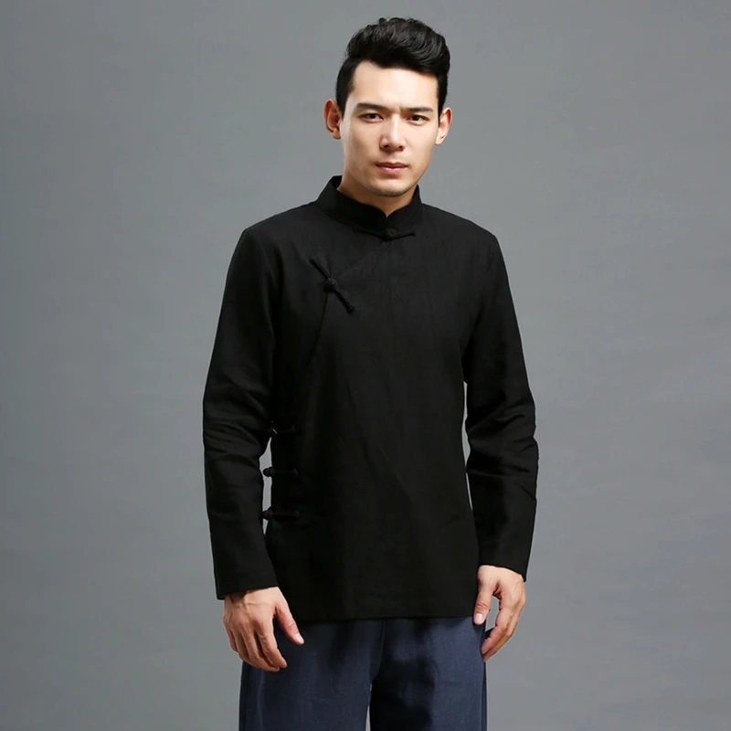 LZJN Black Flax Blouse for Men Traditional Chinese Clothing Long Sleeve Mandarin Linen Shirt Ethnic Blusas Masculina Chemise