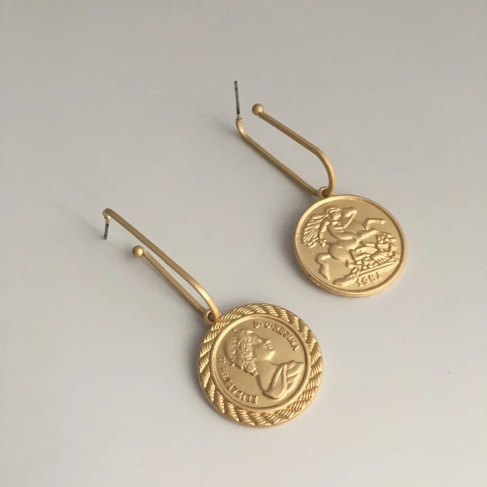 TRENDY EARRINGS   GOLD COLOR PLATING COIN MEDALLION DROP EARRING FOR WOMEN GIRL