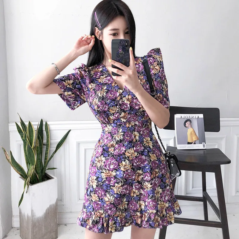 S-XL Plus Kích Thước Mùa Hè Váy Đầm Hoa Nữ Tay Phồng Áo Mini Câu Lạc Bộ Đầm Cho Nữ Hàn Quốc In Hình Hoa Nữ áo Dây