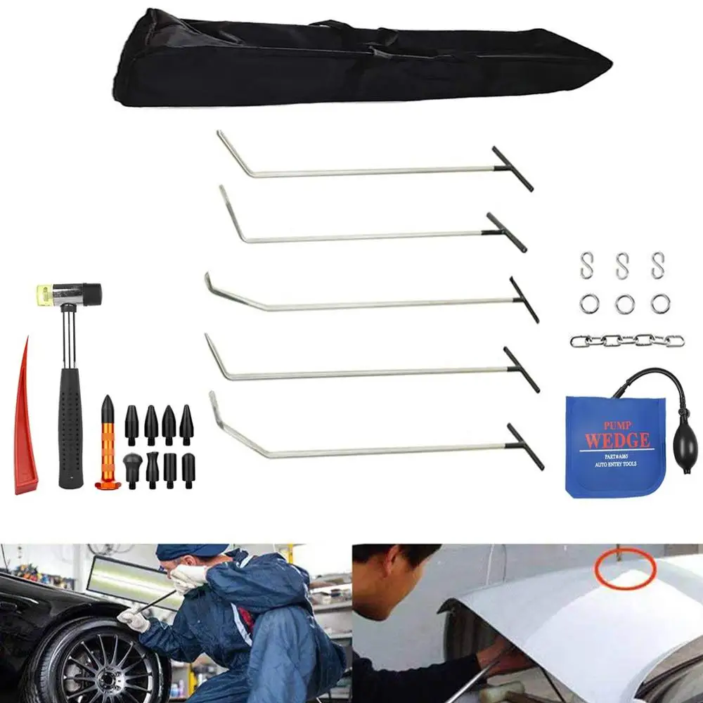 

Paintless Dent Repair Rod Tools 5pcs Rod Kits with Rubber Hammer for Removal Hail Dents and Door Ding Damage Repair