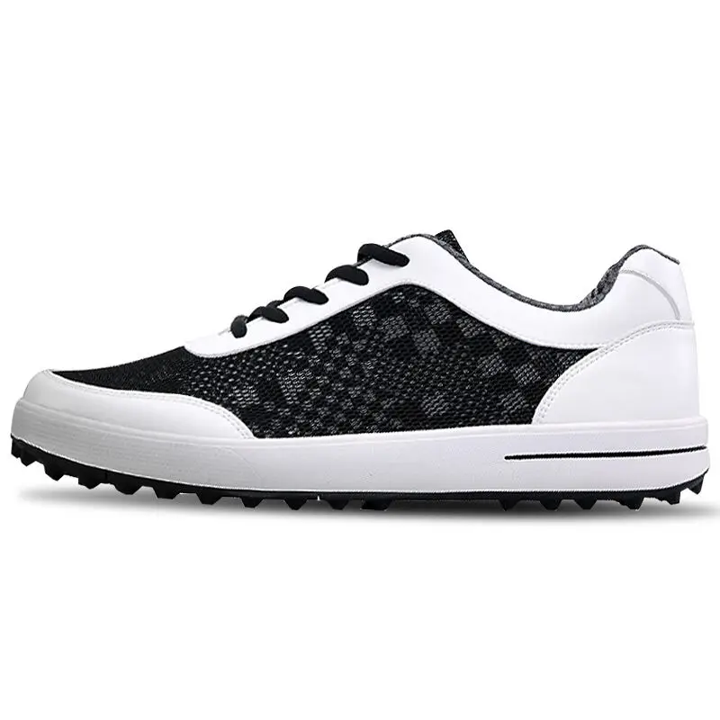 

New Men Golf Shoe Mesh Sport Lace-Up Walking Shoe Breathable Non-slip (Black White)