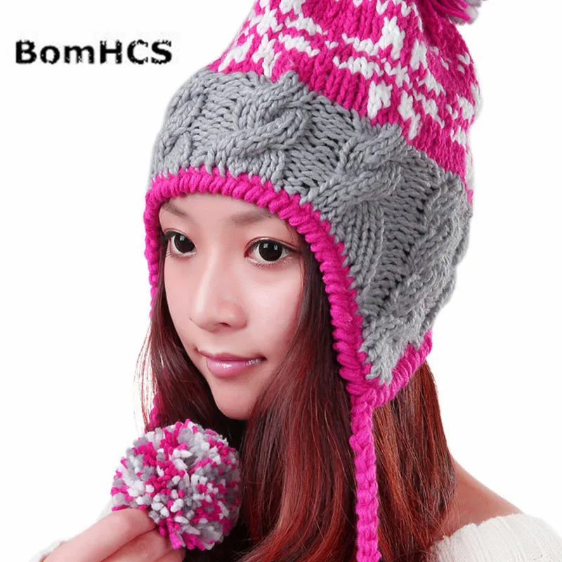 BomHCS Fashion New Winter Warm Ski Ear Muff Beanie Women Lady Handmade Wool Knitted Hat  Cap