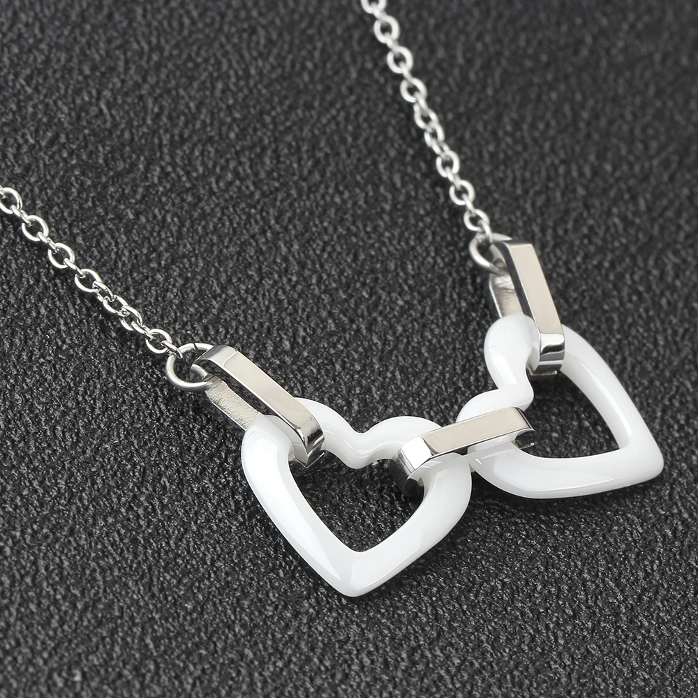 Fashion White Ceramic Double Heart Pendants Necklace Stainless Steel Link Chain Choker Necklace Women Jewelry Collier