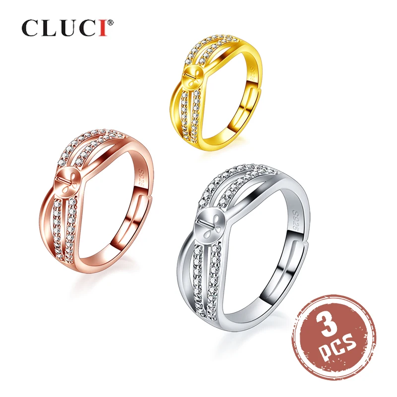 

CLUCI 3pcs Silver 925 Twisted Circle Pearl Ring Mounting Jewelry Classic Sterling Silver Zircon Women Wedding Rings SR2246SB