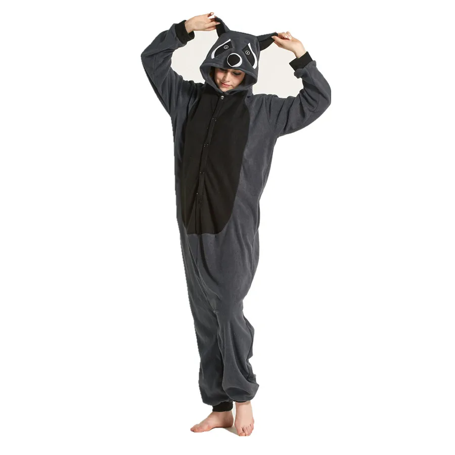 Adults Polar Fleece Grey Raccoon Animal Kigurumi Women\'s Men\'s Onesies Pyjamas Cosplay Costume for Halloween and Carnival Party