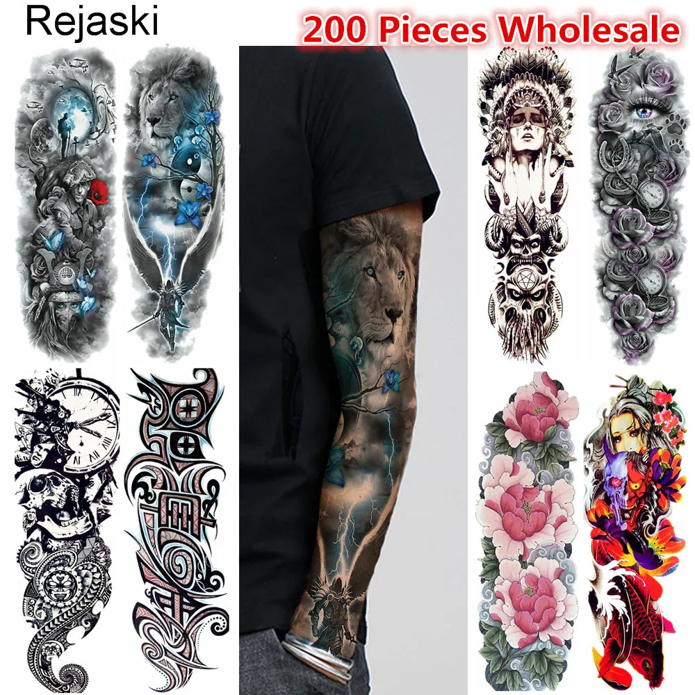 

Rejaski 200 Pieces Wholesale Long 48x17cm Temporary Tattoo Full Arm Lion Lotus Tatoo Body Leg Art For Men Women Tattoo Stickers