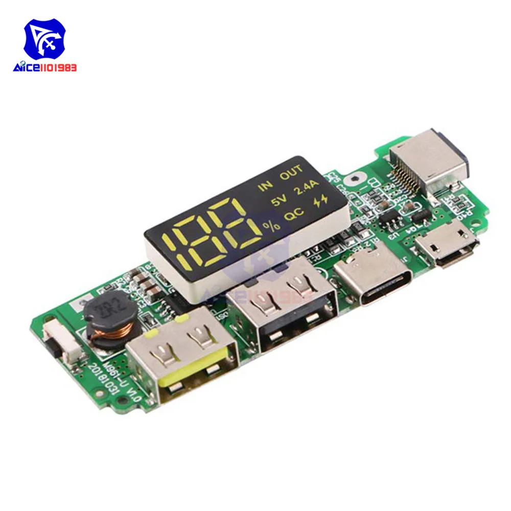 LED Dual USB 5V 2.4A Micro/Type-C/Lightning USB Power Bank 18650 Charger Board Overcharge Overdischarge Short Circuit Protection