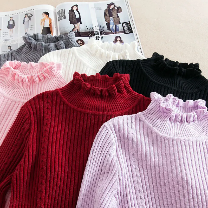 

2020 new Fashion half Korean women knitted cashmere sweater slim petal collar shirt Elastic Bottoming Turtleneck Twist Pullover