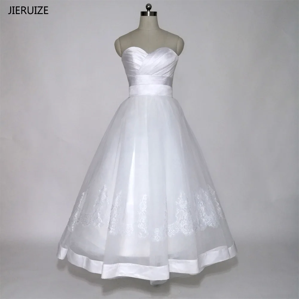 

JIERUIZE White Simple Tea Length Wedding Dresses Lace Up Back Sweetheart Short Wedding Dress vestido de casamento robe de mariee