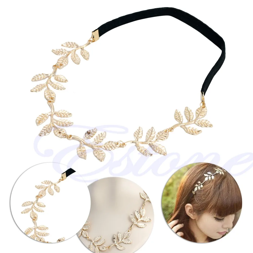 Greek Goddess Peace Angel Golden Olive Leaves Elastic Hair Band Headband Vintage W715