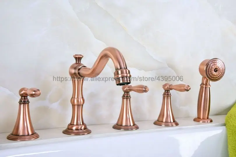 Bathtub Faucet 5 Pcs Widespread Roman Tub Faucet Three Ceramic handle Bathtub Mixer tap with Handshower Deck mounted Btf219