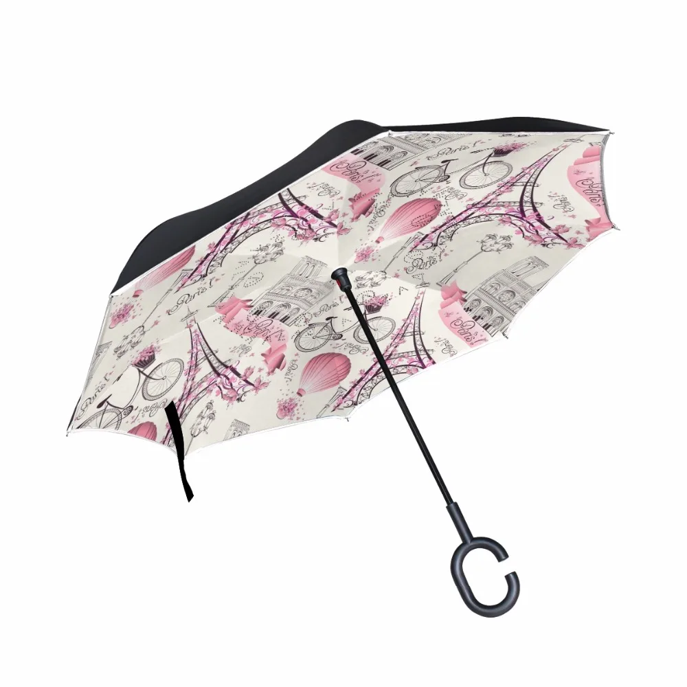 Eiffel Tower and Vintage Bicycle Pattern Reverse Umbrella  Double Layer Long Handle Umbrella High Quality Fashion Customized