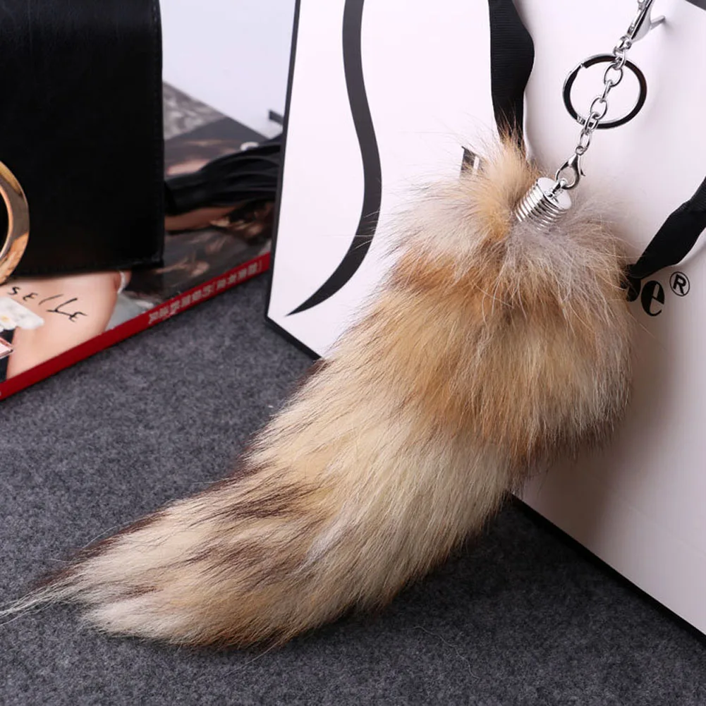 2018 FASHION!  Fox Fur, Large Wolf Tail Fur, Black And Brown Keychain Strap Chain