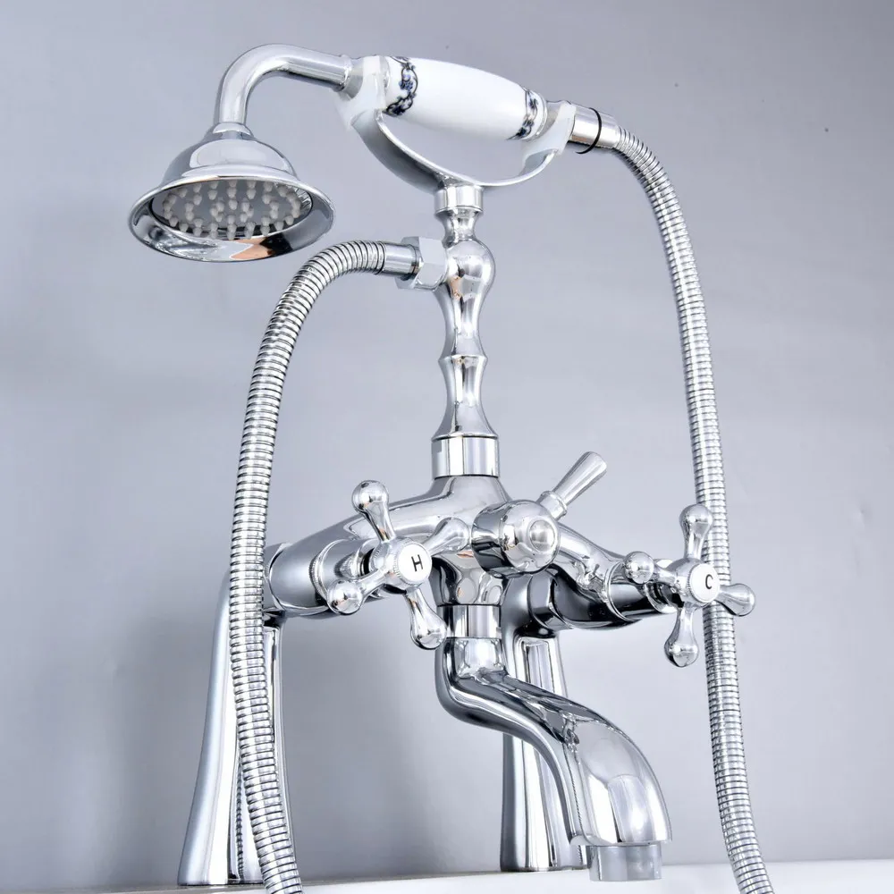 

Polished Chrome Deck Mounted Bathroom Tub Faucet Dual Handles Telephone Style Hand Shower Clawfoot Tub Filler atf756