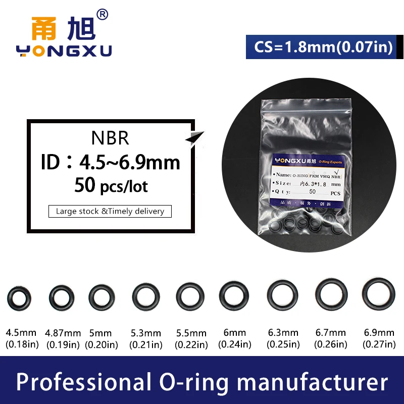 50PCS/Lot Black NBR Sealing O-Ring CS1.8mm Thickness ID4.5/4.87/5/5.3/5.5/6/6.3/6.7/6.9*1.8mm O Ring Seal Rubber GasketWasher.-.