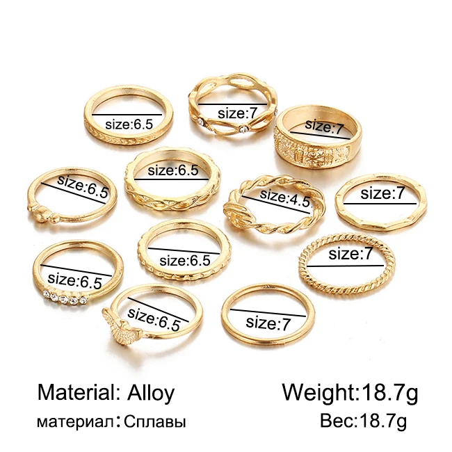 17KM 12Pcs/Set Charm Gold Color Midi Finger Ring Set for Women Vintage Boho Knuckle Party Rings Punk Jewelry Gift for Girls