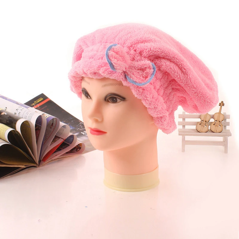 High Quality Quick Hair Drying Cap Hat Microfiber Coral Fleece Ultra Absorbent Hair Towel Dry Wrap Bow-Knot Embellished Cap