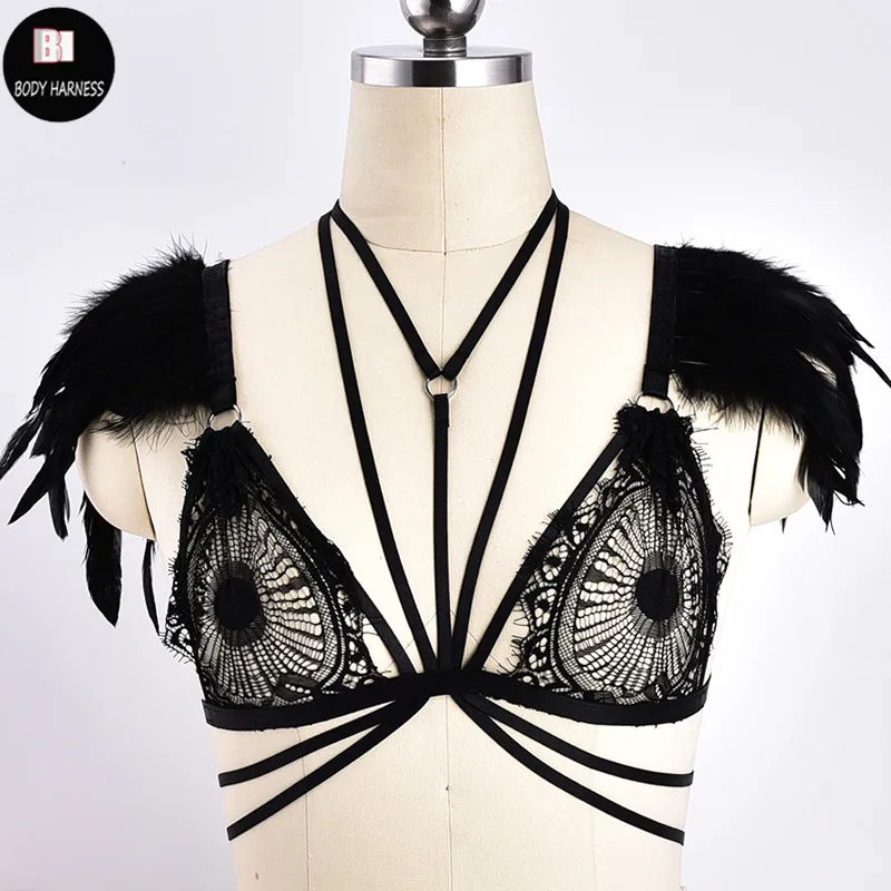 

Sexy Gothic Feather Harness Body Cage Bra Fetish Rave Festival Lace Perspective Crop Top Harness Bra Pole Dance Bustier