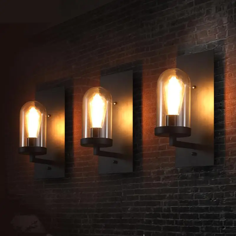 Hallway Retro glass cover wall sconce black Industrial Wrought iron wall Lamp corridor Bar Cafe light loft Professional lighting