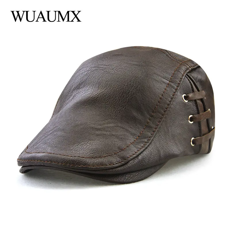 High Quality Autumn Winter PU Leather Beret Hats For Men Faux Leather Beret Hat With Ring Men's Visor Flat Cap Wholesale