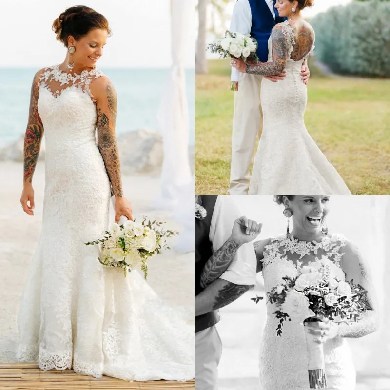 2019 Bohemian Wedding Dresses Jewel Sleeveless Lace Appliques Bridal Gowns Court Train Vestidos De Noiva Country Wedding Dress