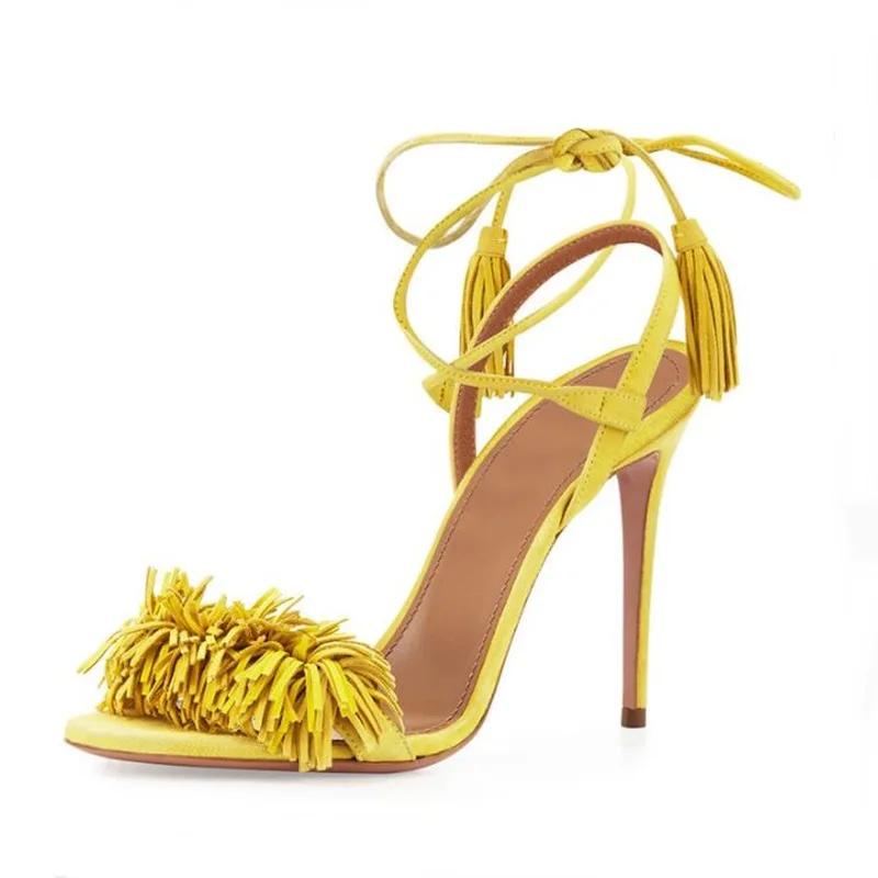 New Colors Yellow Tassel Fringe Suede Women Sandals Lace Up Ankle Strappy High Heels Sandals Woman Prom Dress Shoes 2018