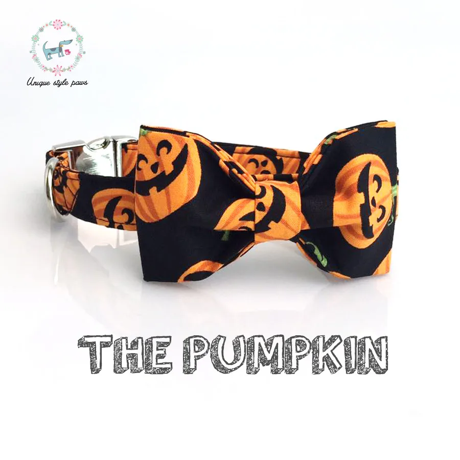 Halloween Pumpkin Dog Collar and Leash Set with Bow Tie Cotton Soft Adjustable Dog Collar for Small Medium Large Dog