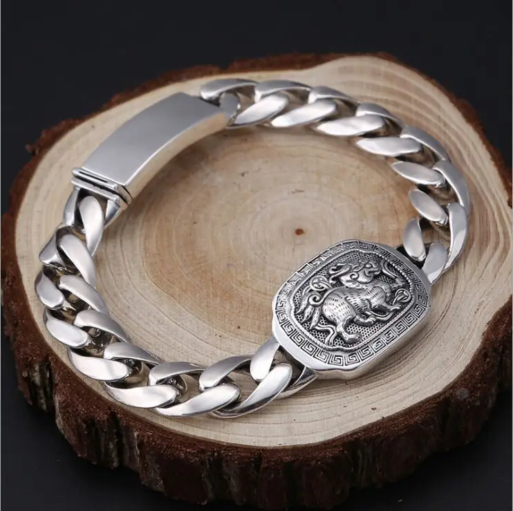 

100% true 925 solid sterling silver fashion jewelry Buddhist classic lucky brave troops Thai silver men's bracelet