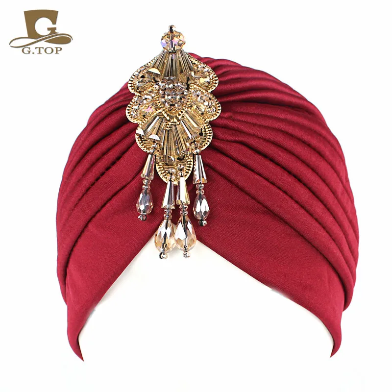 NEW Luxury Divas turban Head wrap hat with beaded pendant Women Islamic Inner Hijab Caps Arab wrap Head femme musulman turbante