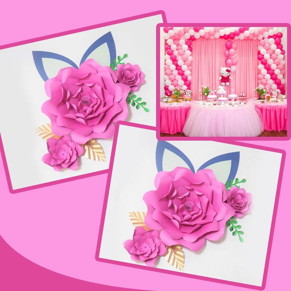 DIY Large Paper Flowers Giant Rose Fleurs Backdrops 3PCS+ 4 Leaves + 2 Ears For Wedding Decorations Nursery Kids' Birthday Video