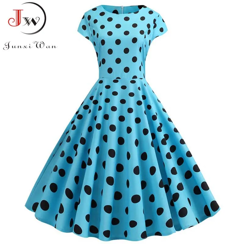 Summer Short Sleeve Polka Dot Dress Women Elegant Casual Print A-Line Vintage Big Swing Rockabilly Vestidos