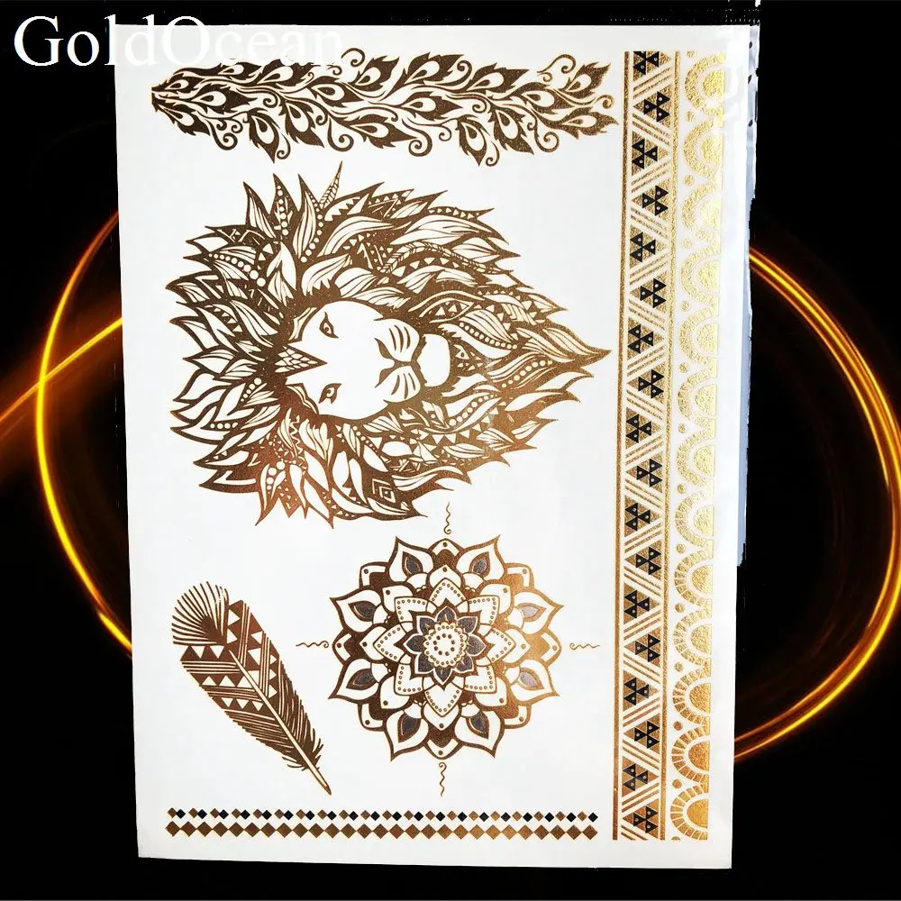 Henna Ganesha Mandala Gold Metal Flash Tattoo Arm Elephant Hamsa Flower Temporary Tattoo Stickers Girls Neck Lion Tatoos Feather