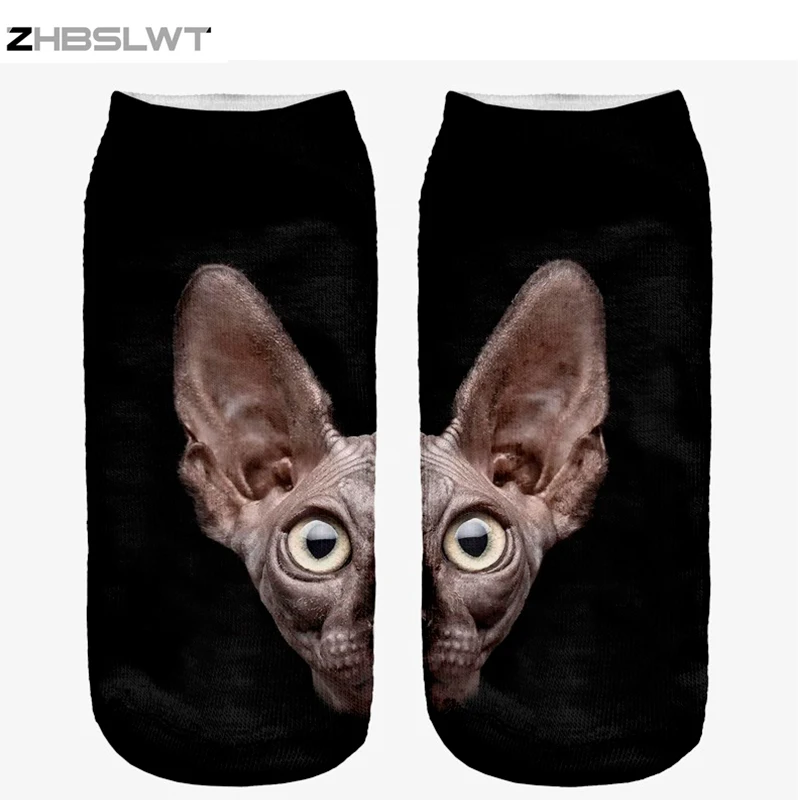 ZHBSLWT 3D Print Animal Sphynx Cat Women Socks calcetines Casual Cute Character Low Cut Ankle Socks Multiple Colors Harajuku