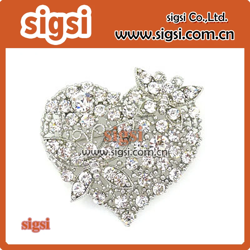 100pcs Silver clear heart shape butterfly crystal wedding rhinestone animal brooch pin for gift