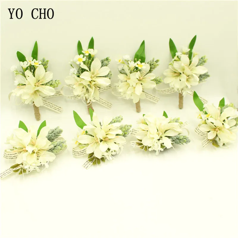 YO CHO White Artificial Gardenia Wrist Corsage Bracelet Silk Flower Bridesmaid Hand Flowers Wedding Party Decor Graduation Prom